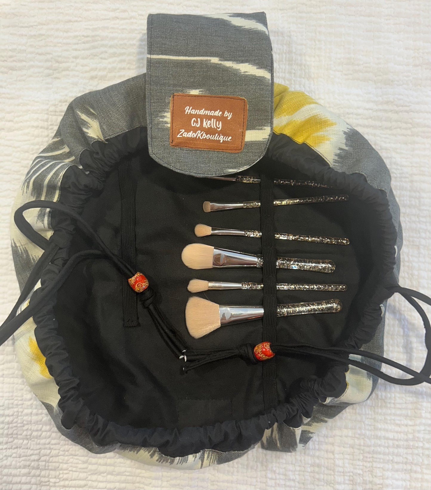 Handmade Drawstring Makeup Bag: Open-Flat Cosmetic Organizer - Gray/Yellow