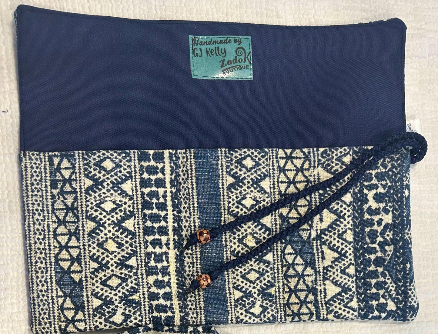 HAKAN Makeup Brush Roll: Blue & cream Organizer, Handmade in Canada