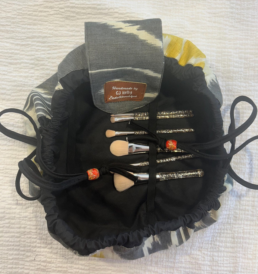 Handmade Drawstring Makeup Bag: Open-Flat Cosmetic Organizer - Gray/Yellow