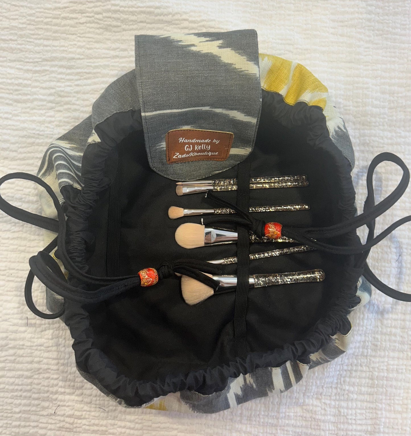 Handmade Drawstring Makeup Bag: Open-Flat Cosmetic Organizer - Gray/Yellow