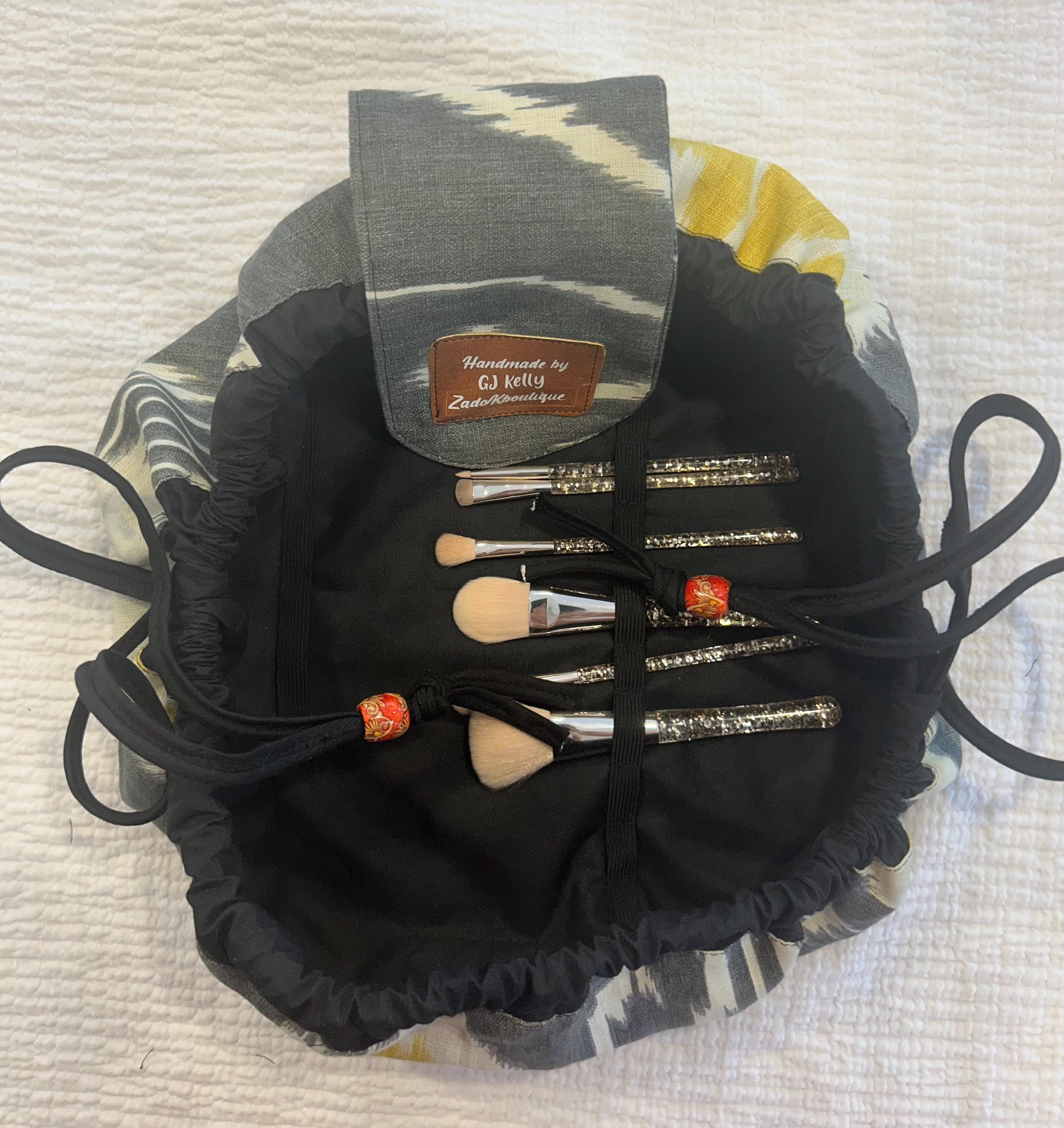 Handmade Drawstring Makeup Bag: Open-Flat Cosmetic Organizer - Gray/Yellow