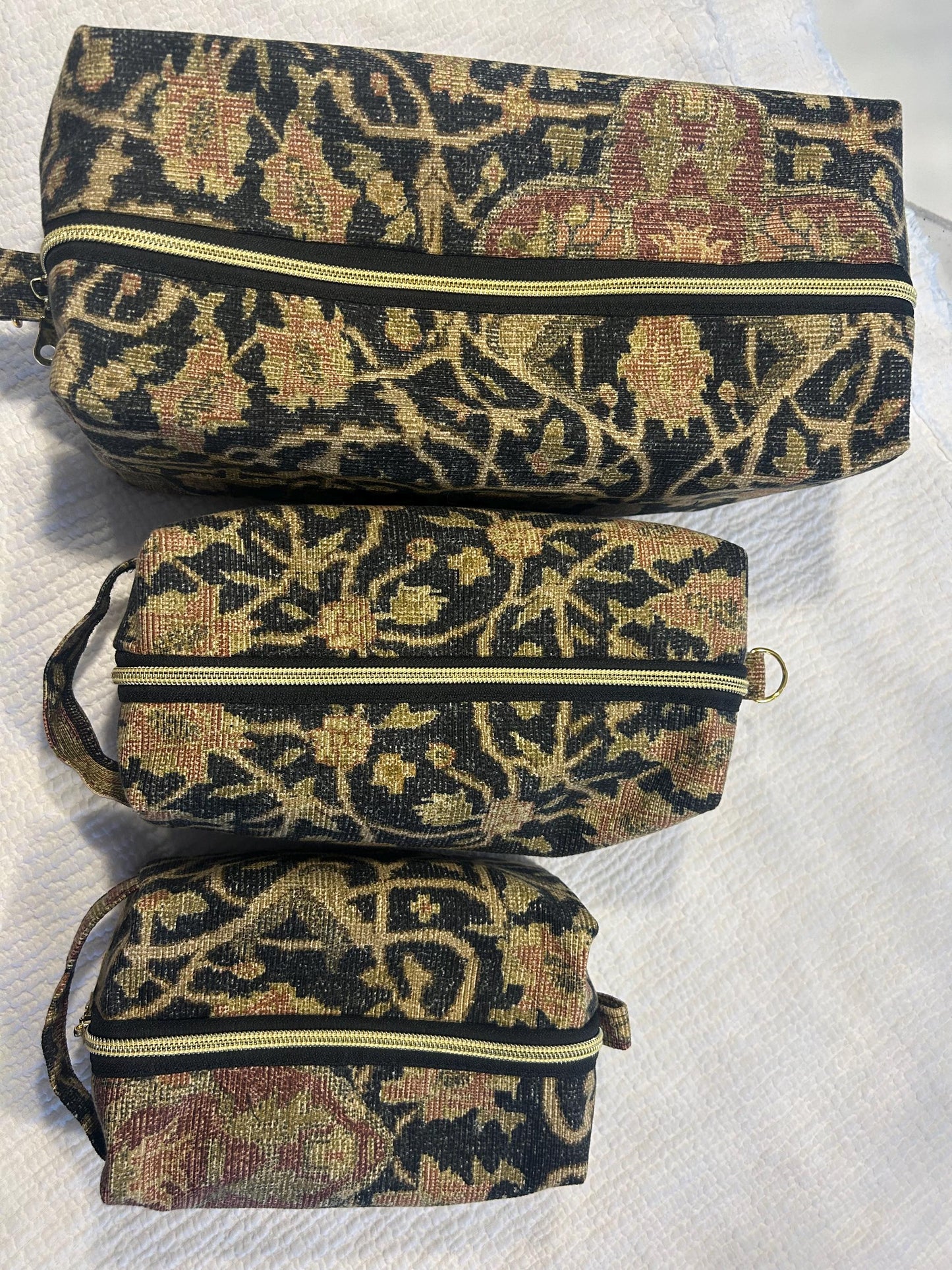 Boxy Makeup Bags: Quilted Black & Gold - Ralph Lauren inspired fabric - Elegant Cosmetic Organizer, Handmade in Canada