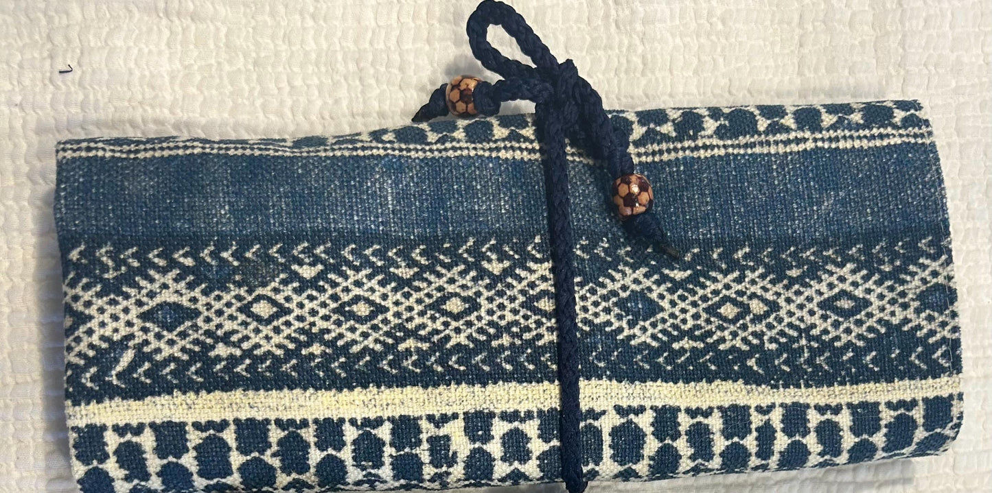 HAKAN Makeup Brush Roll: Blue & cream Organizer, Handmade in Canada