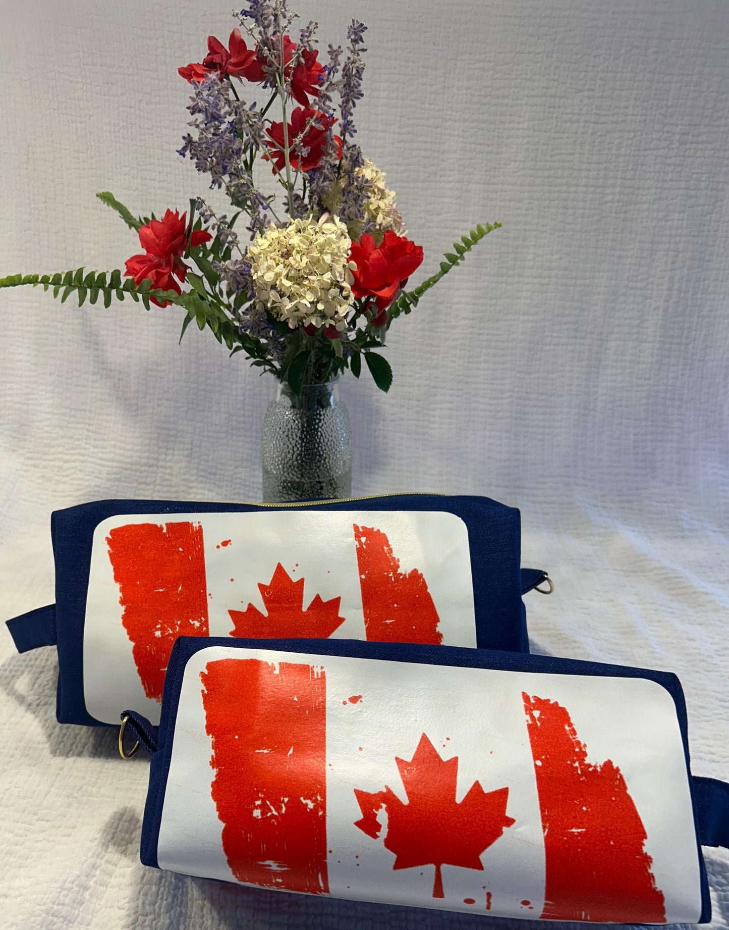 Distressed Canadian Flag Denim Toiletry Bag: Water Resistant Canadian Travel Kit