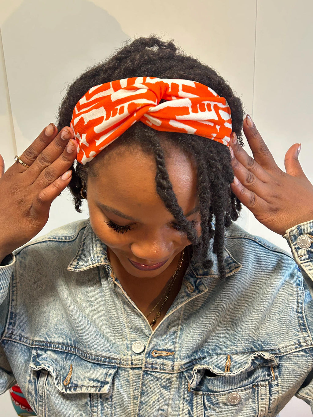 Knotted Turban Headband: Orange & White Geometric - Double Twist Hairband