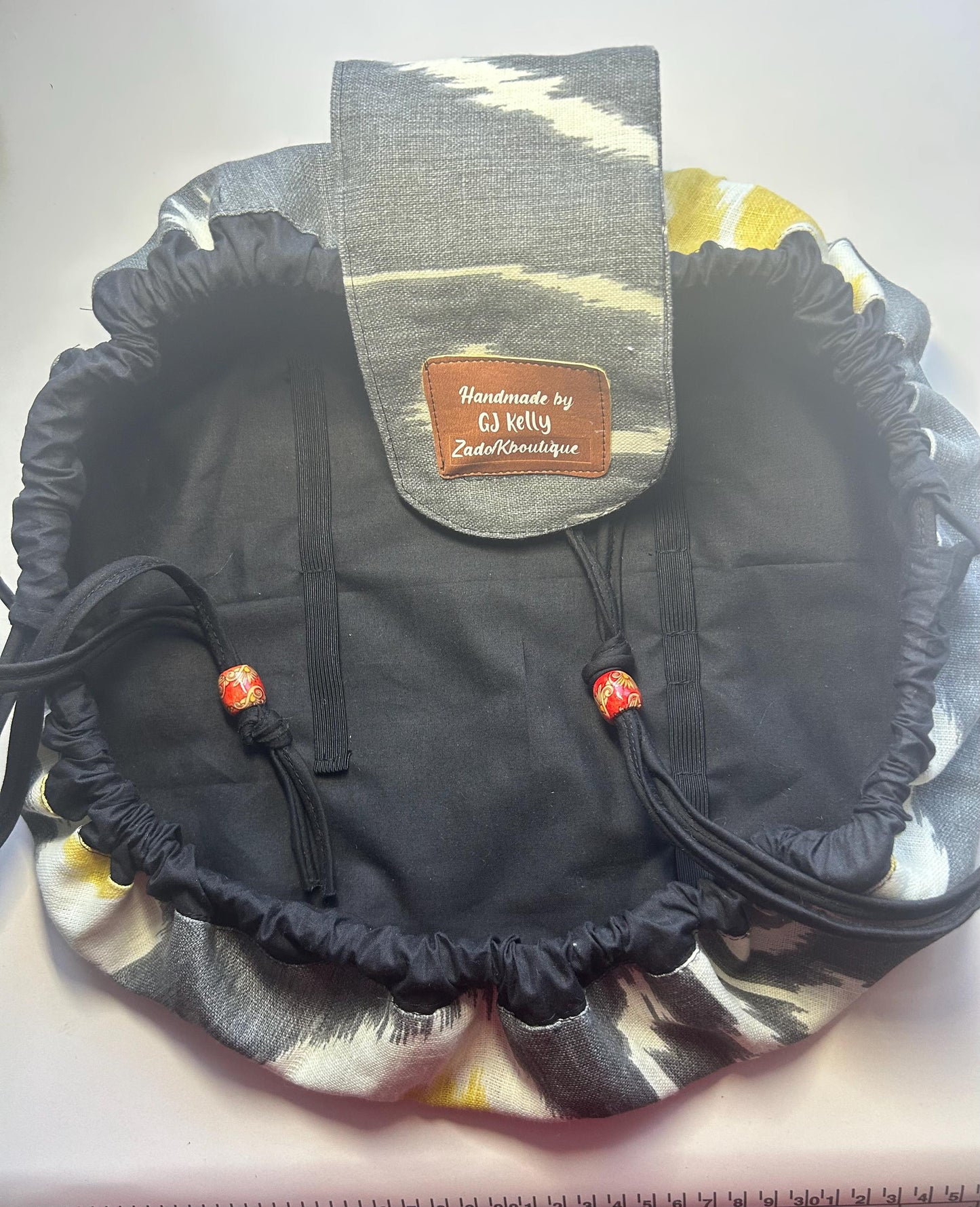 Handmade Drawstring Makeup Bag: Open-Flat Cosmetic Organizer - Gray/Yellow