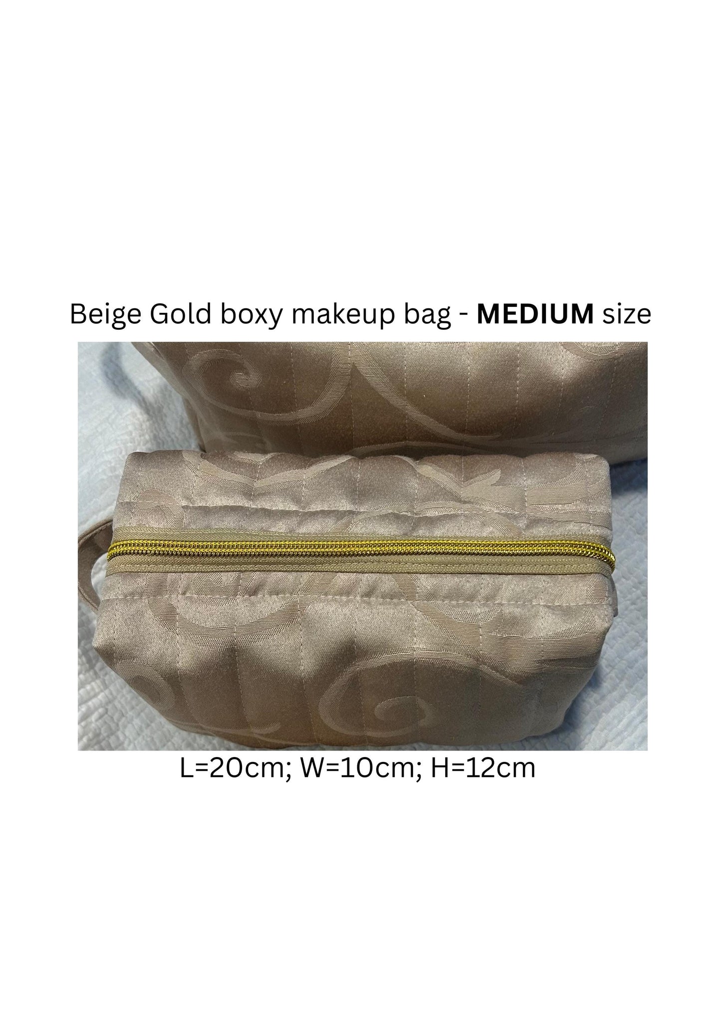 Quilted Makeup Bags: Beige & Gold Boxy Zipper Pouches - Set of 3 or individual