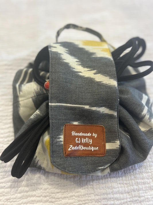 Handmade Drawstring Makeup Bag: Open-Flat Cosmetic Organizer - Gray/Yellow