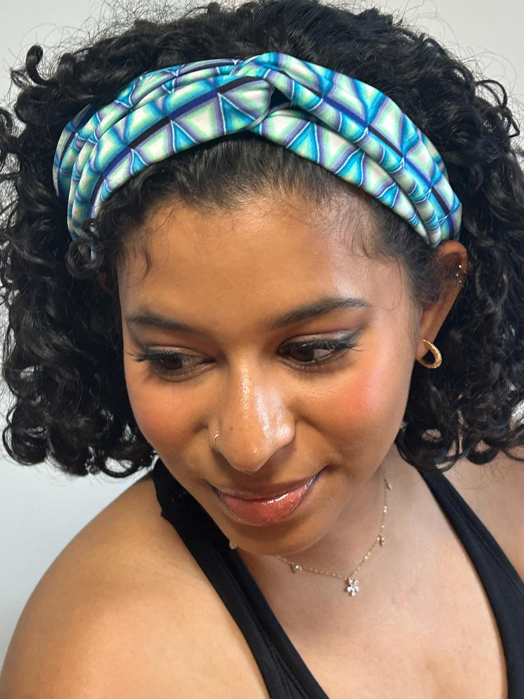 Knotted Turban Headband: Geometric Blue, Wide Twist - Active Wear