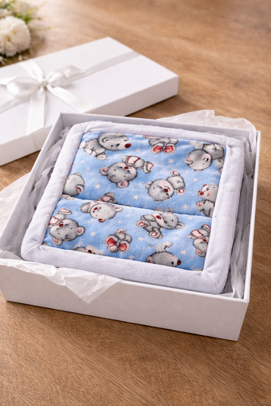 SET - Blue Teddy bear Baby Blanket and 2 Burpcloths: Flannel
