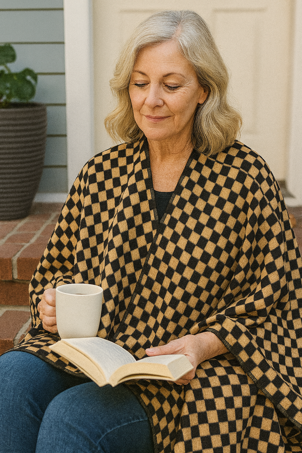 Poncho - Cream & Black Checkered | Wool-Blend