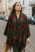 Poncho - Green & Red Geometric | Reversible Wool-Blend