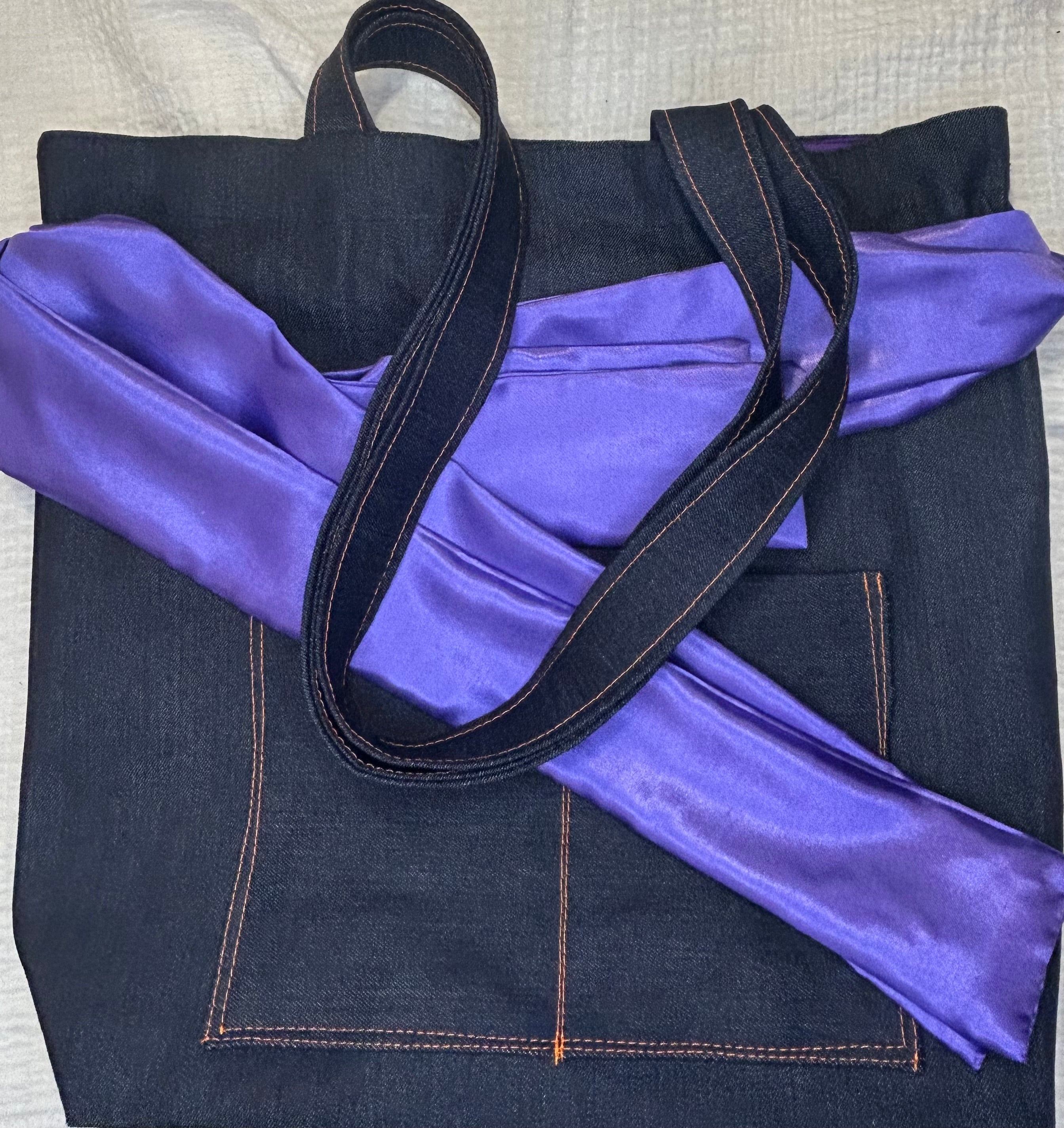 Black Denim Tote Bag with Bows