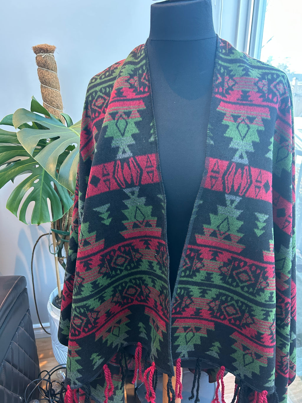 Poncho - Green & Red Geometric | Reversible Wool-Blend