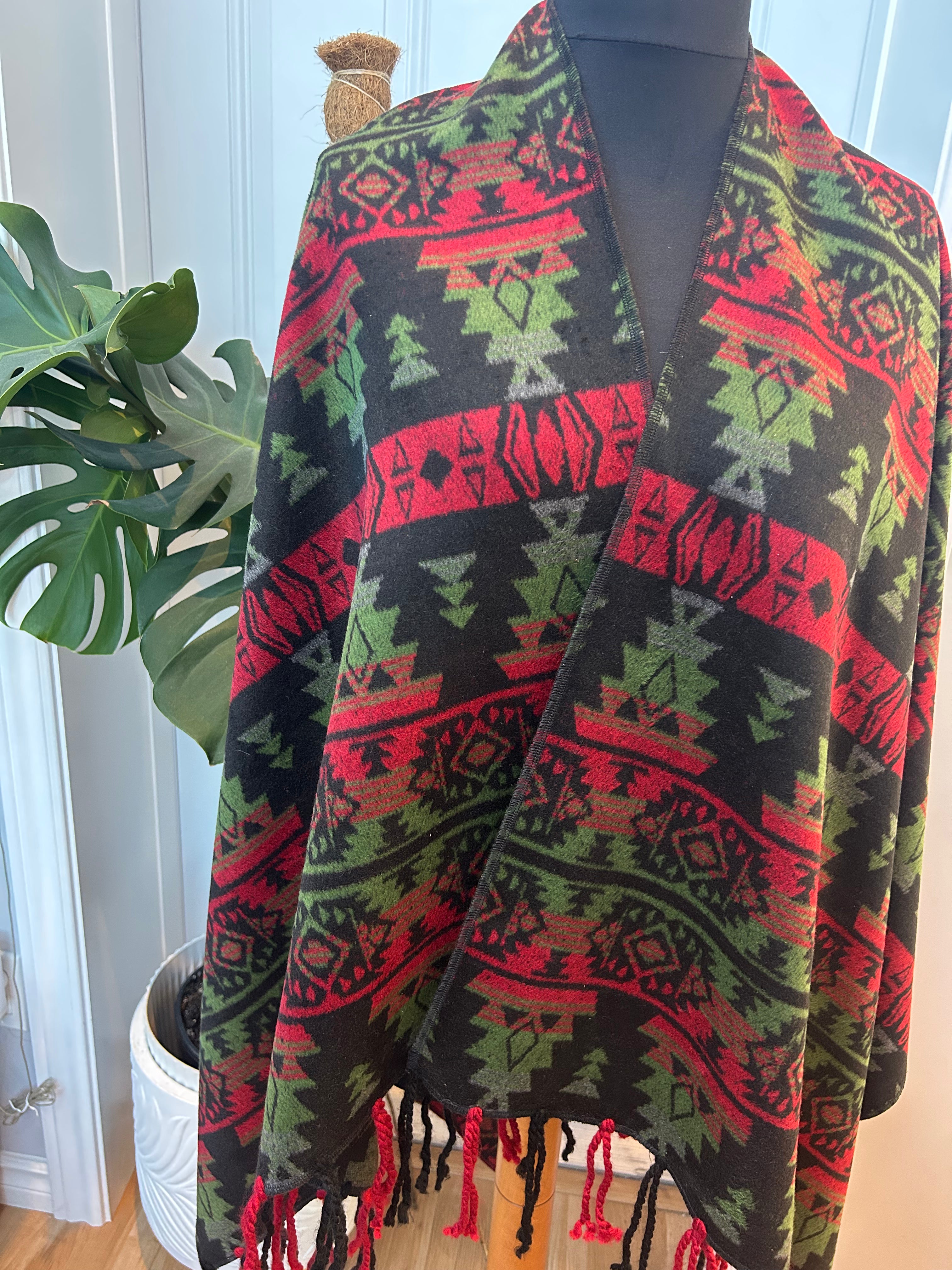 Poncho - Green & Red Geometric | Reversible Wool-Blend
