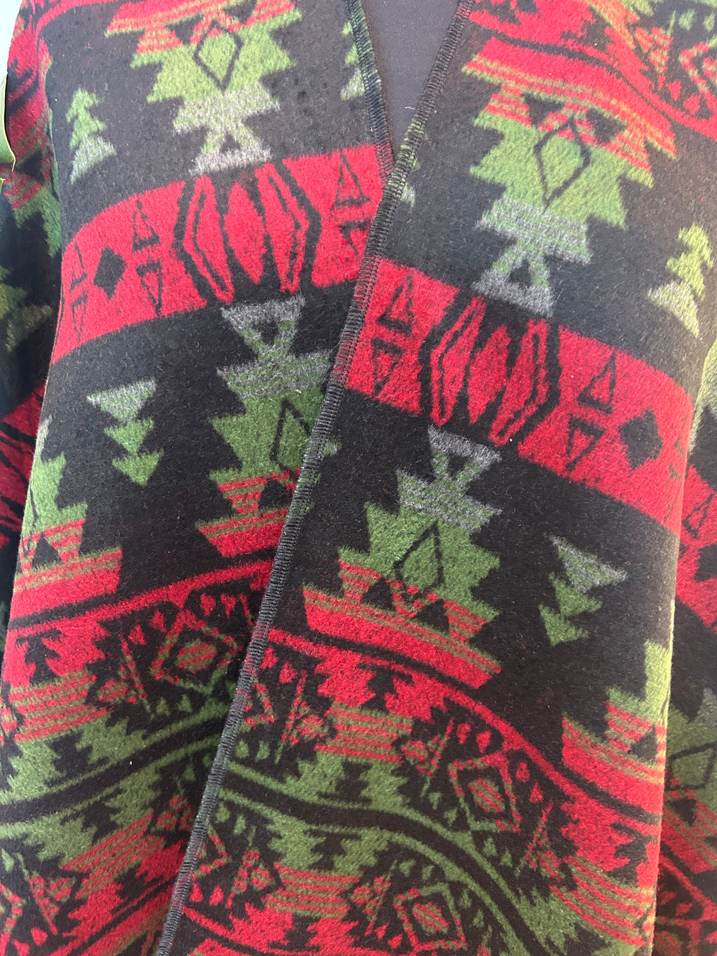 Poncho - Green & Red Geometric | Reversible Wool-Blend