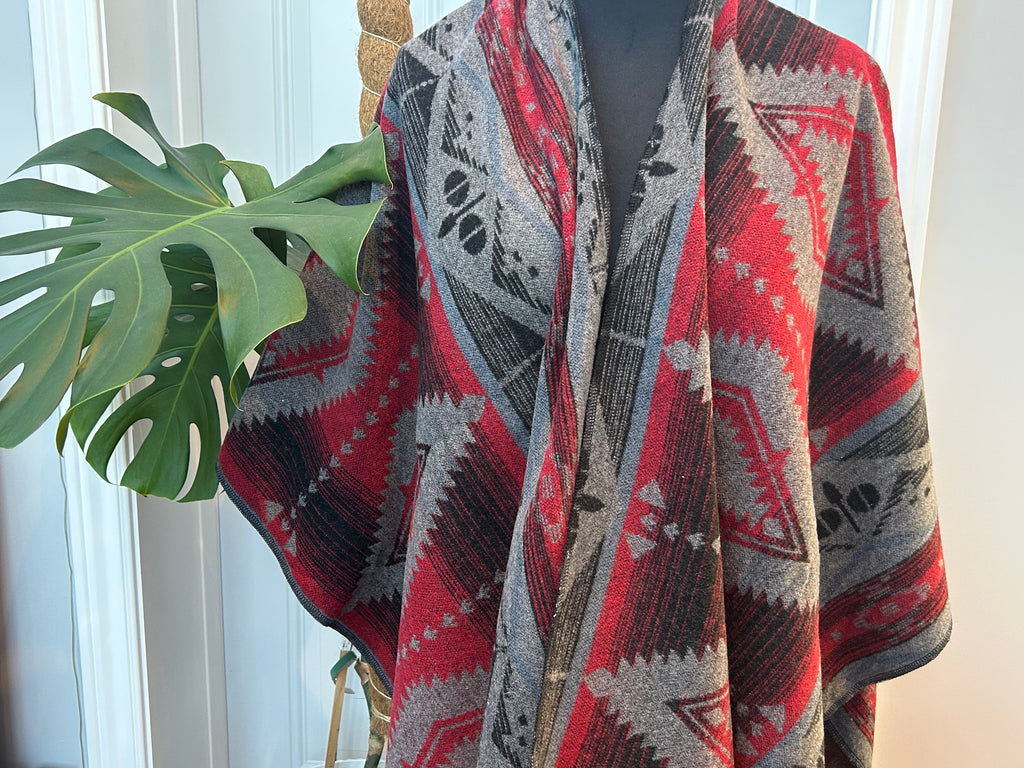 Poncho - Grey & Red Geometric | Reversible Wool-Blend
