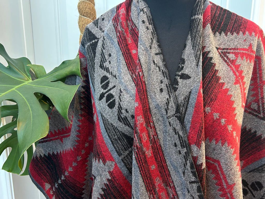 Poncho - Grey & Red Geometric | Reversible Wool-Blend
