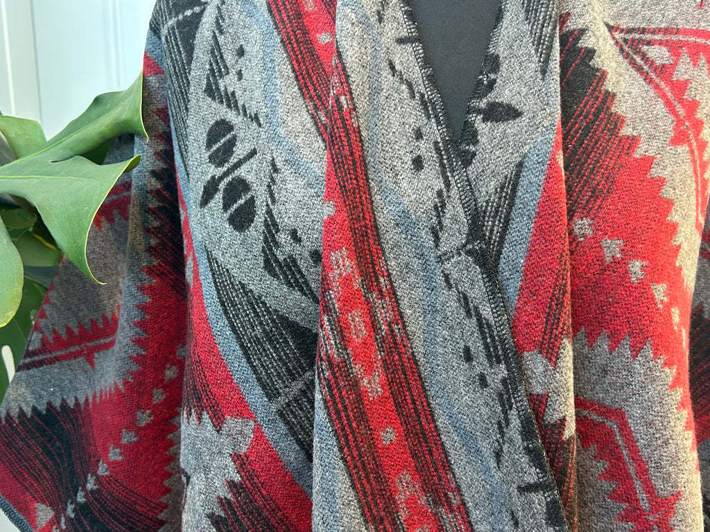 Poncho - Grey & Red Geometric | Reversible Wool-Blend