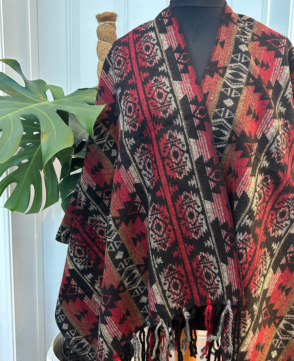 Poncho - Red + Black Striped | Reversible Wool-Blend