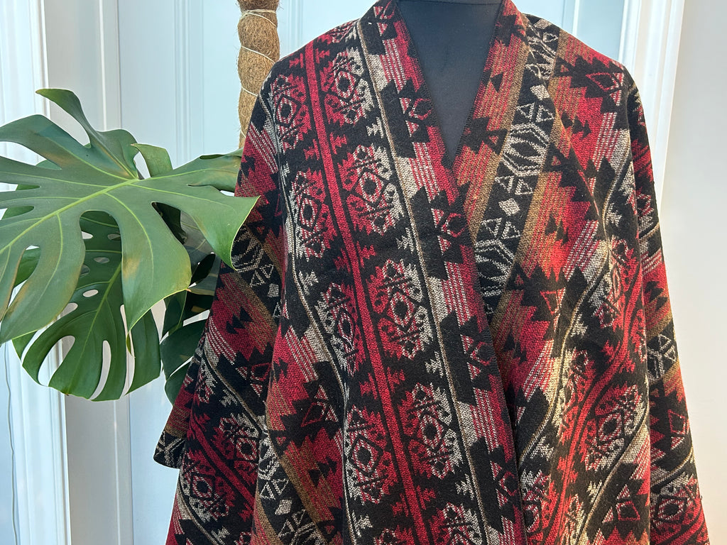 Poncho - Red + Black Striped | Reversible Wool-Blend