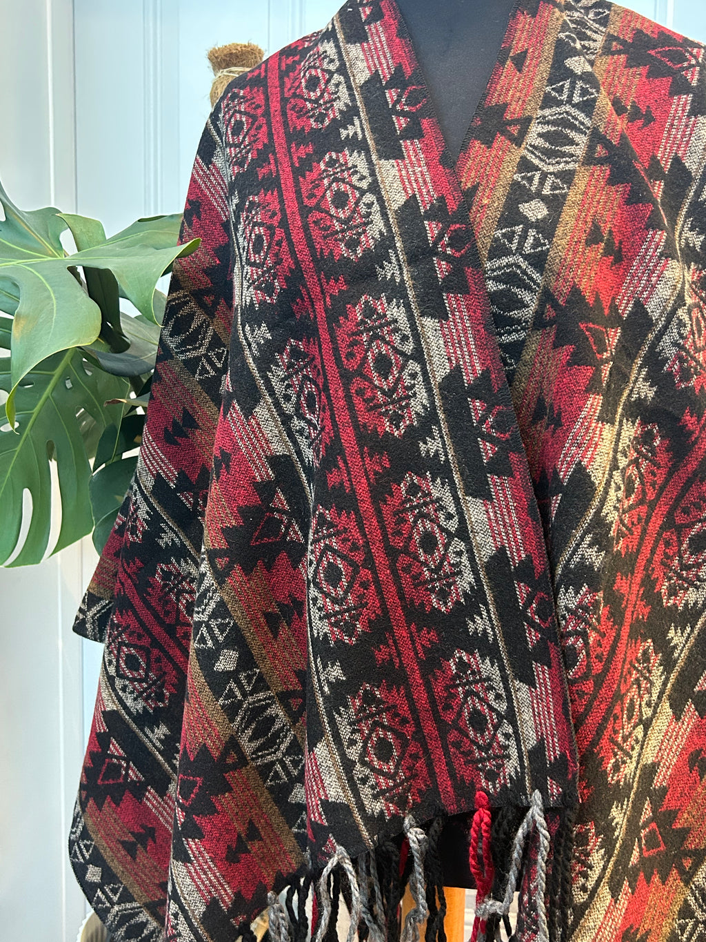 Poncho - Red + Black Striped | Reversible Wool-Blend