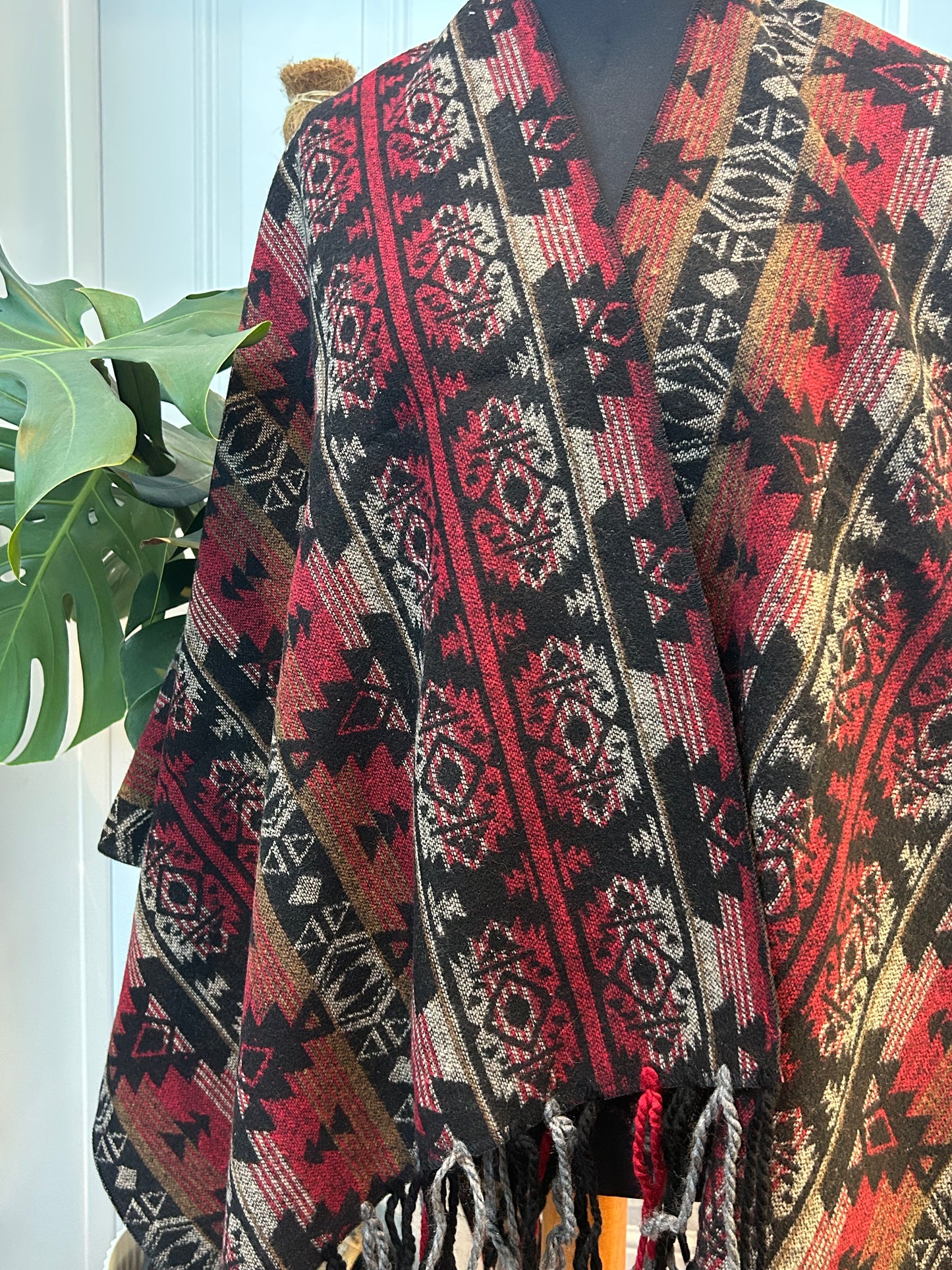 Poncho - Red + Black Striped | Reversible Wool-Blend