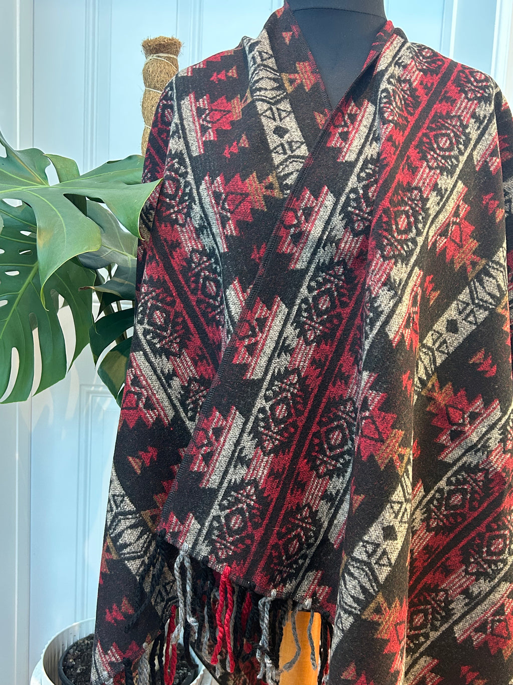 Poncho - Red + Black Striped | Reversible Wool-Blend