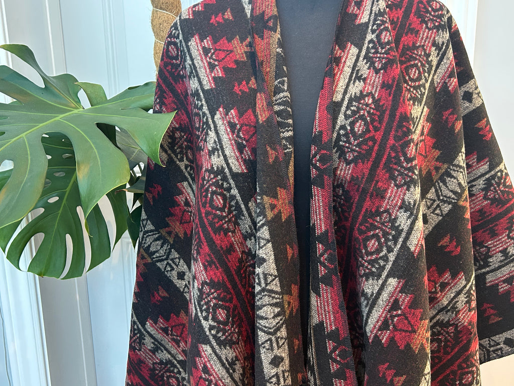 Poncho - Red + Black Striped | Reversible Wool-Blend