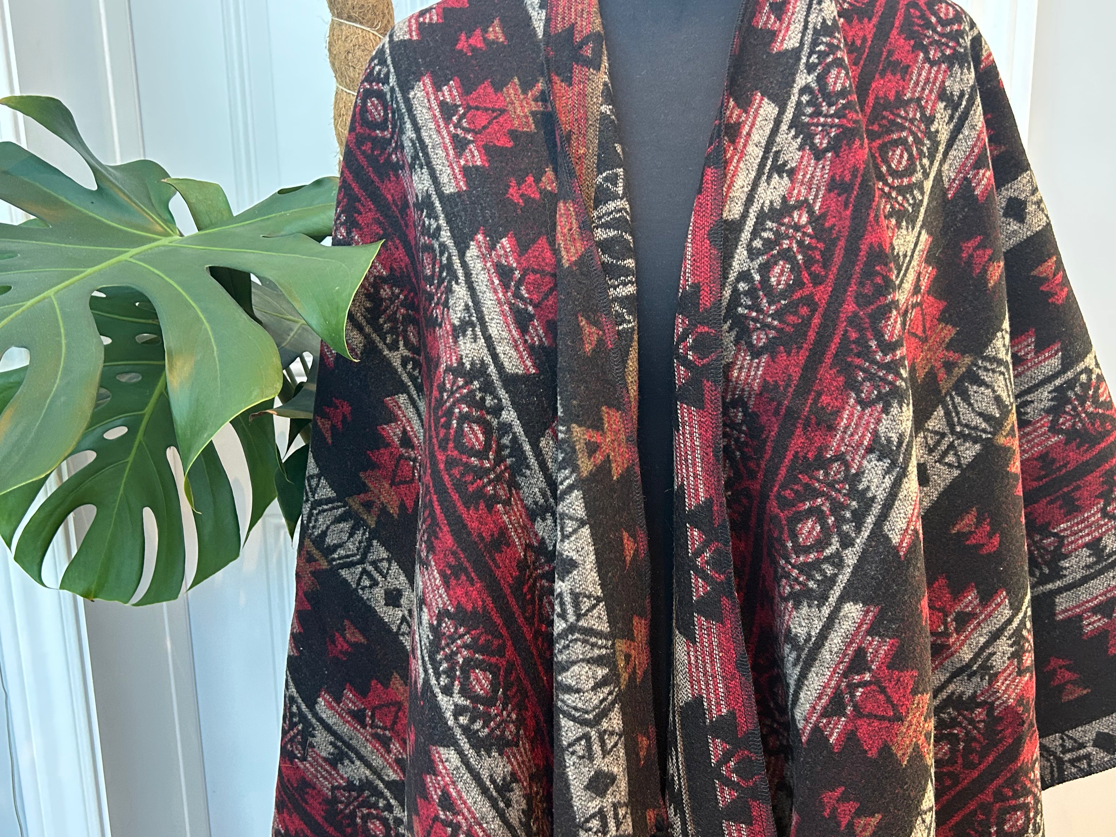 Poncho - Red + Black Striped | Reversible Wool-Blend