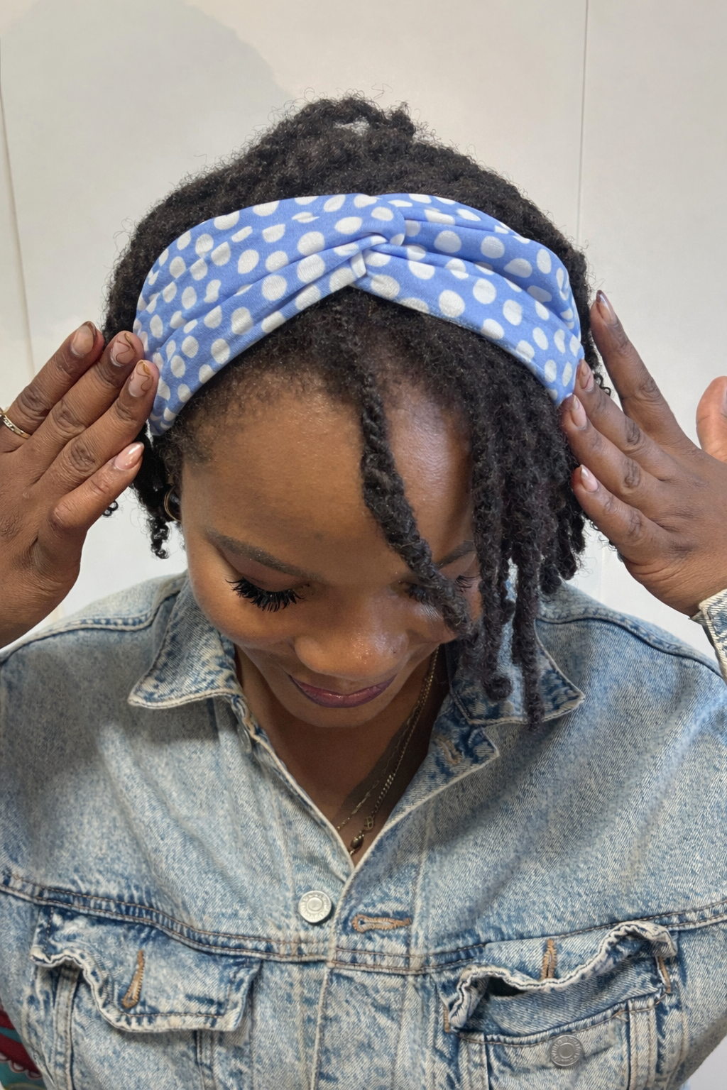 Knotted Headband: Sky Blue Polka Dots