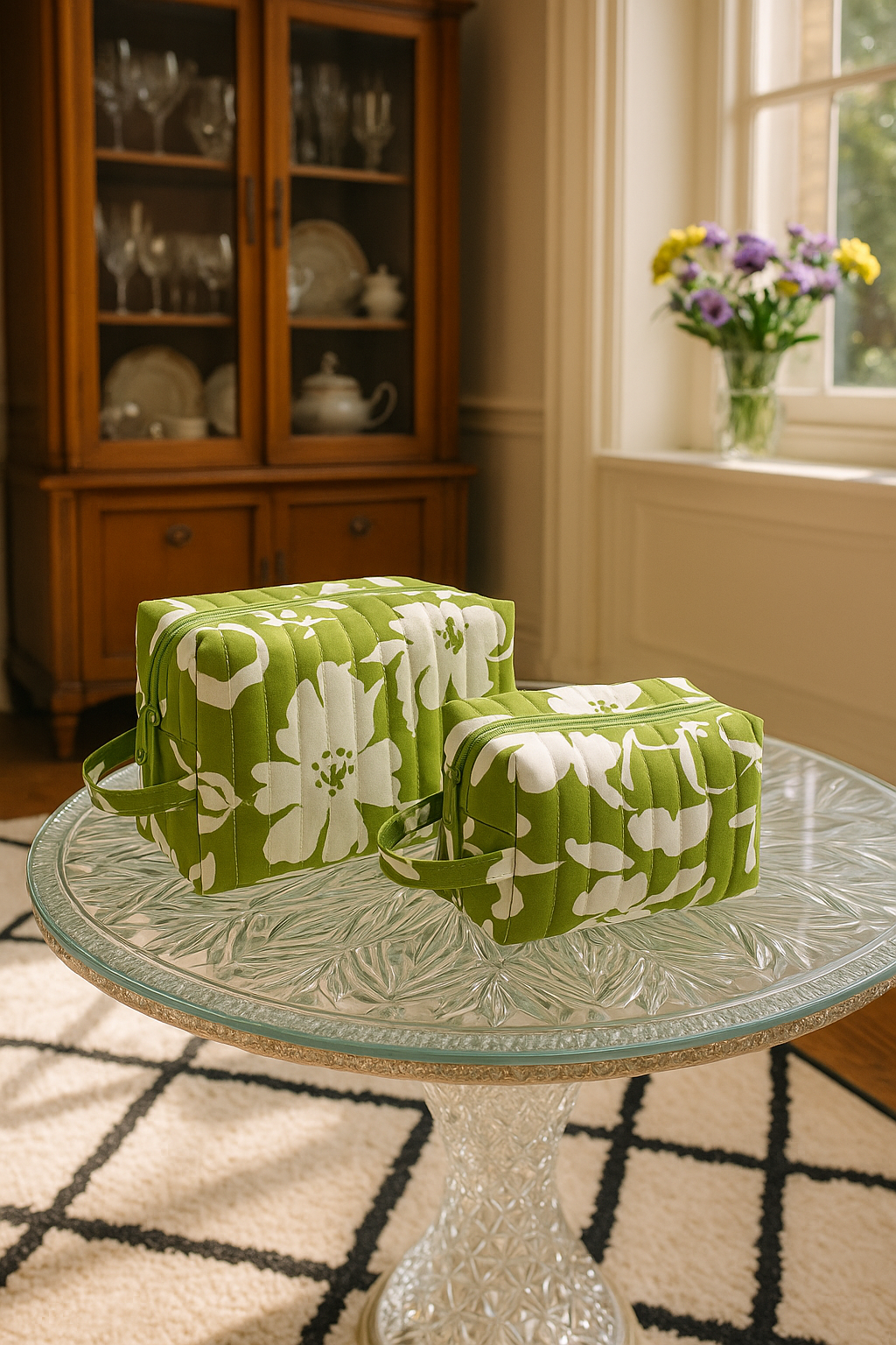 Boxy Makeup Bag Set: Floral Leaf Green