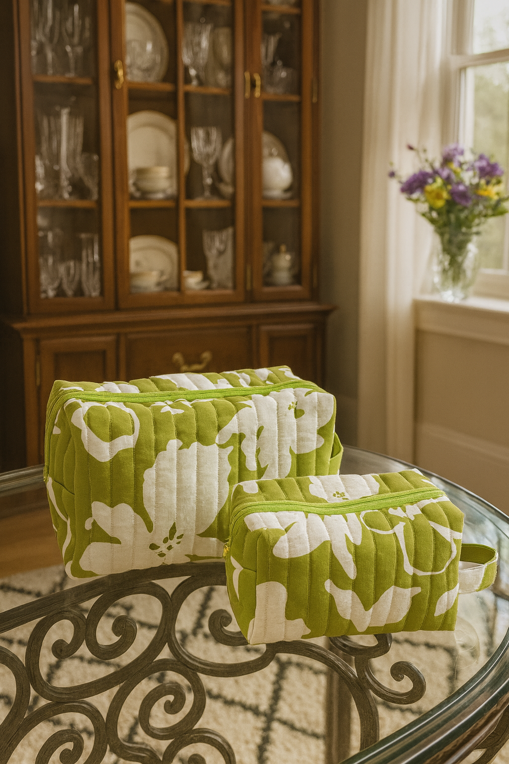 Boxy Makeup Bag Set: Floral Leaf Green