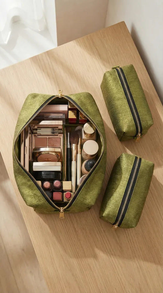Boxy Makeup Bags: Mint Green & Gold, Raw Silk