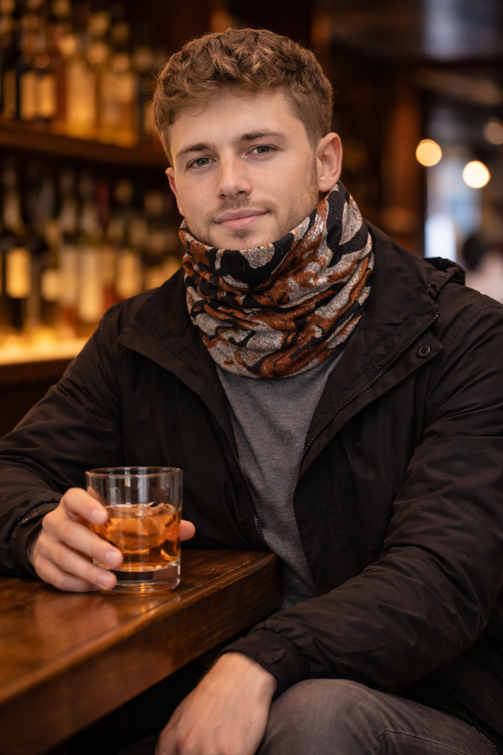 Neck Warmer | Gaiter : Abstract Marbled Brown-Black-Grey