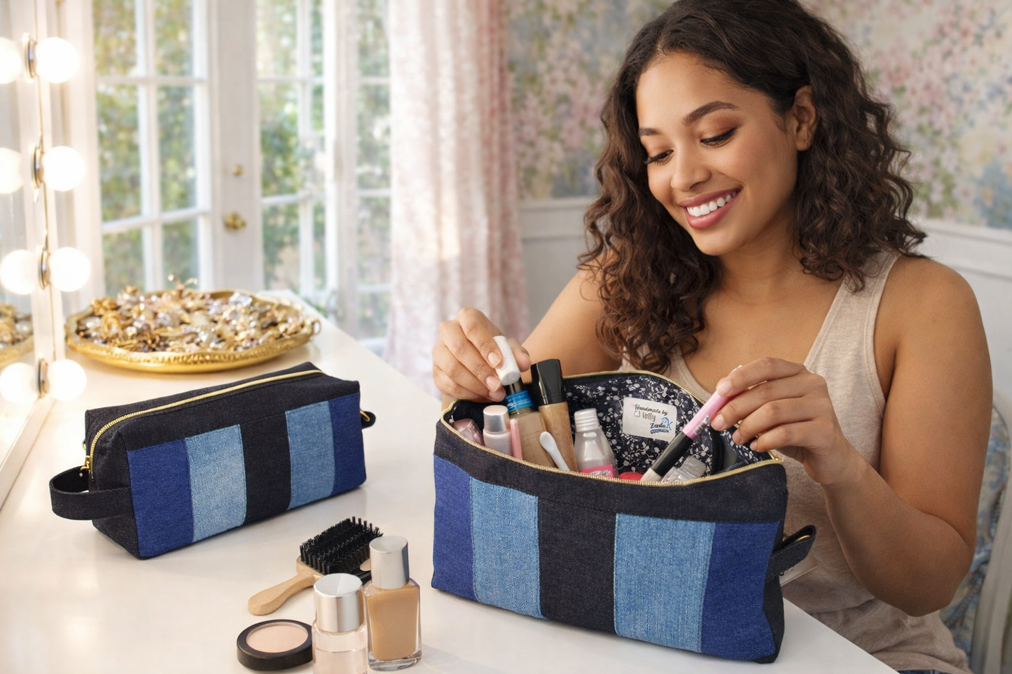 Denim Stripe Boxy Makeup Bag – Medium