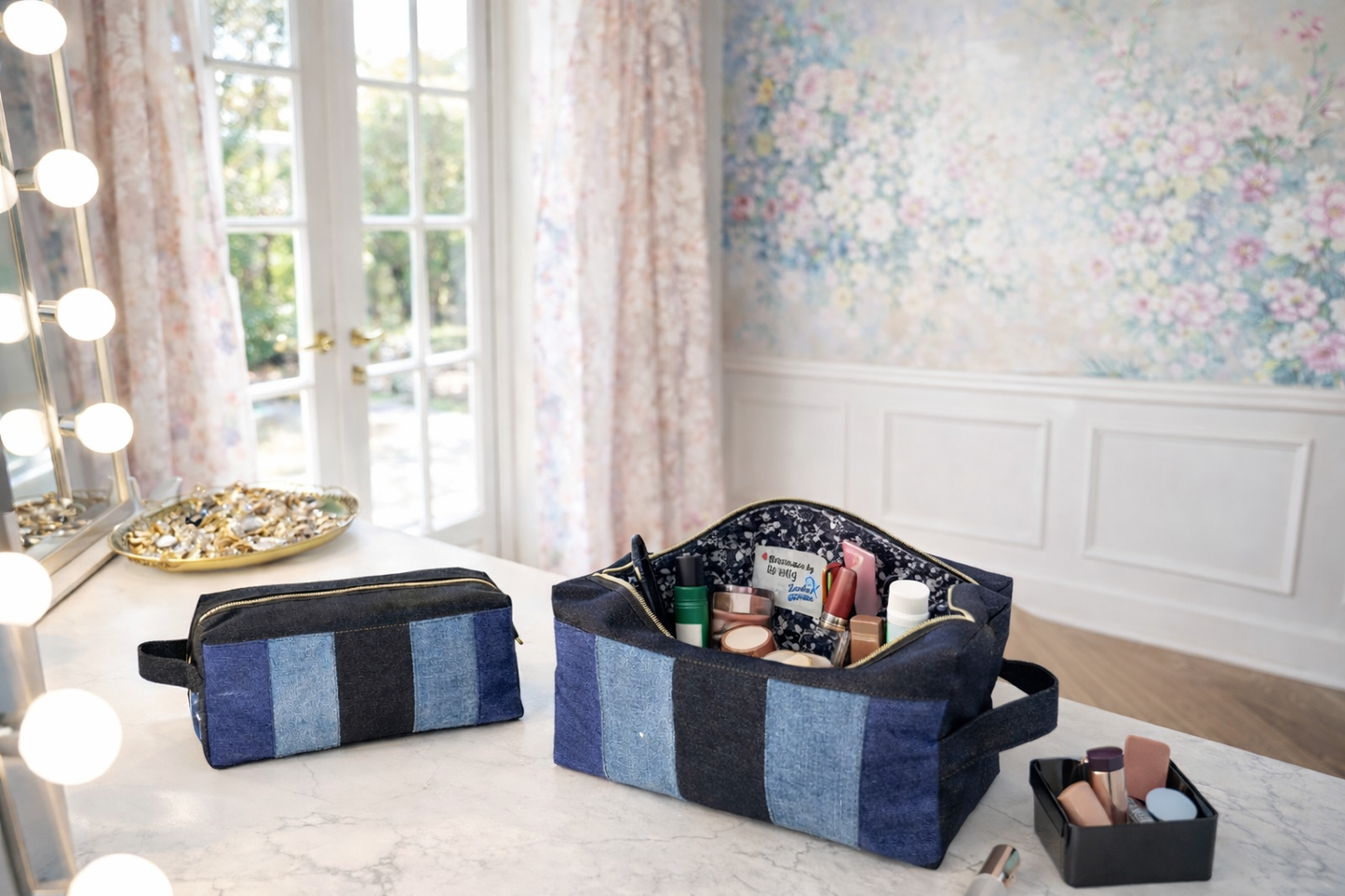 Denim Stripe Boxy Makeup Bag – Medium