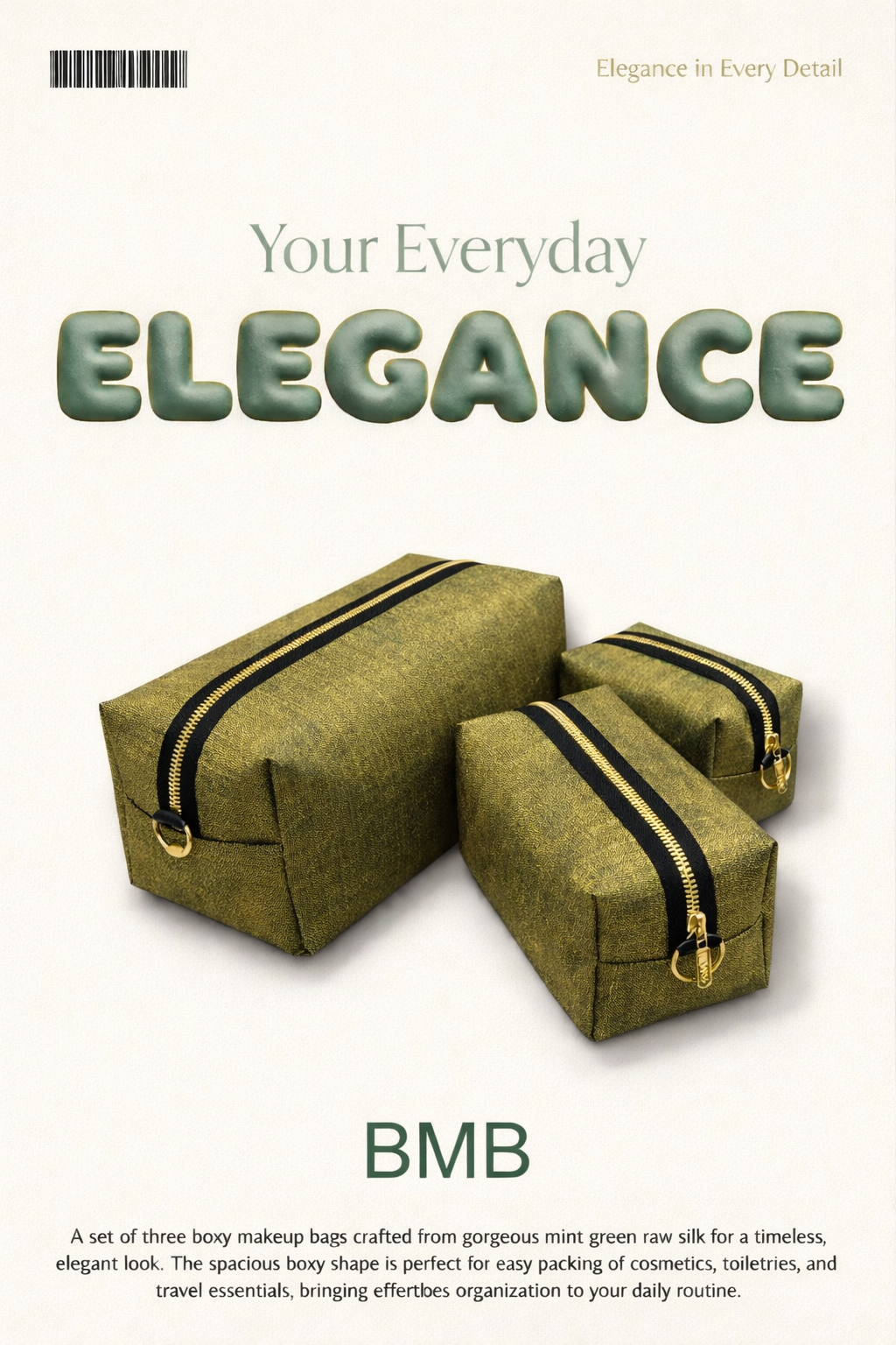 Boxy Makeup Bags: Mint Green & Gold, Raw Silk