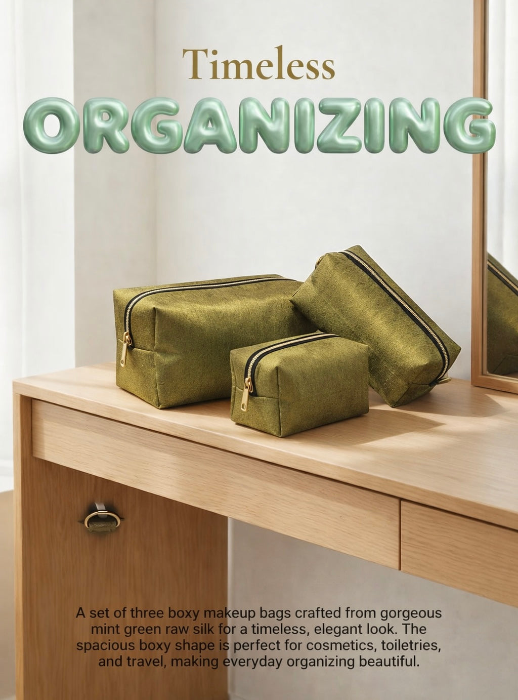Boxy Makeup Bags: Mint Green & Gold, Raw Silk