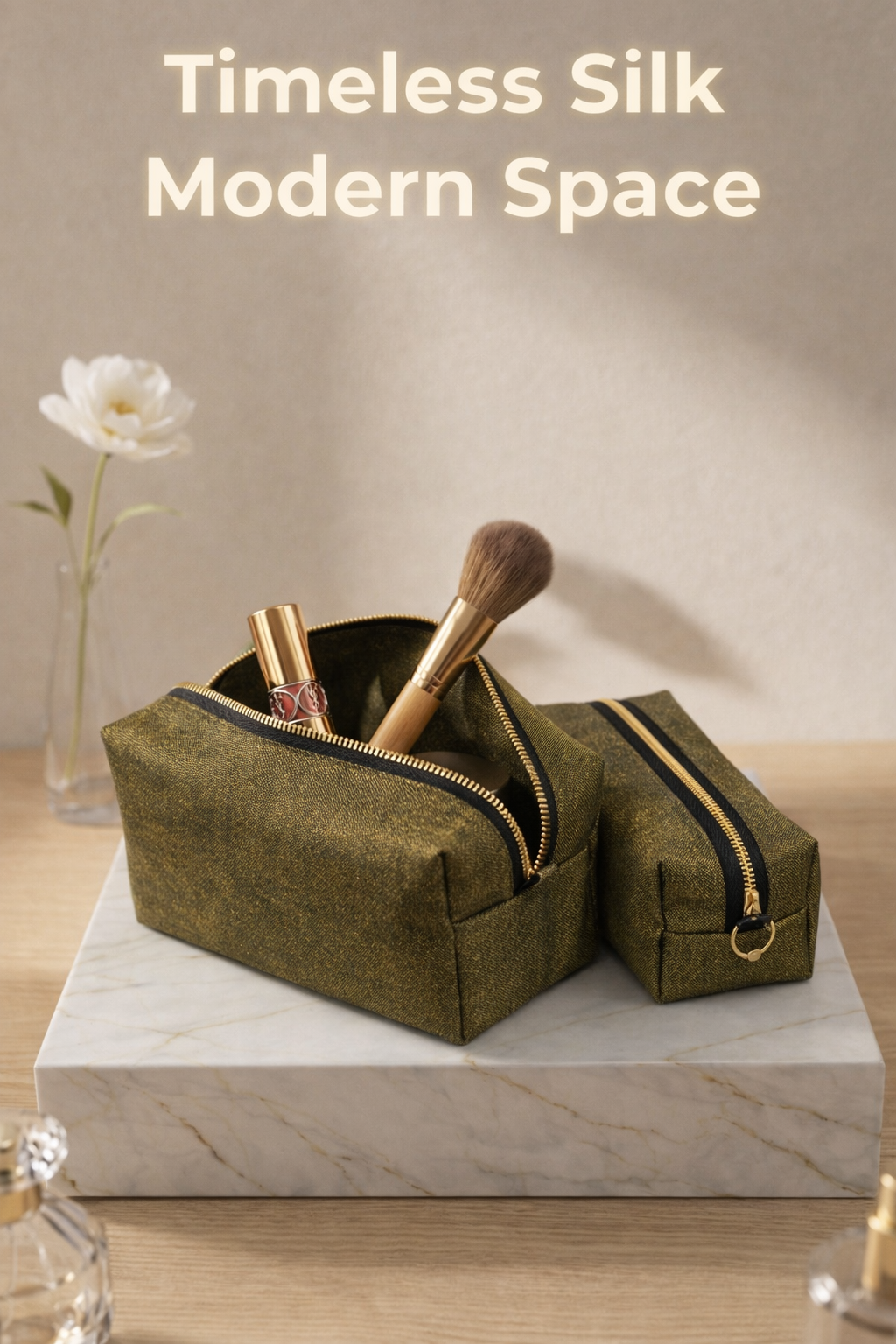 Boxy Makeup Bags: Mint Green & Gold, Raw Silk