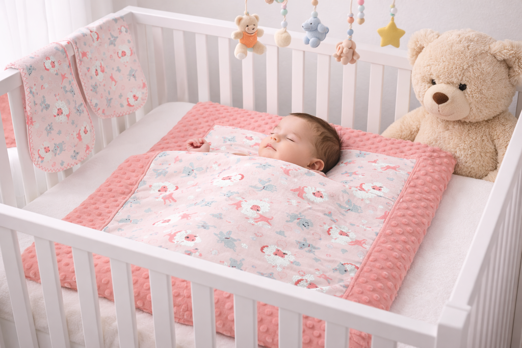 Baby Blanket Gift Set: Salmon Pink Minky-Dot & Flannel with 2 Burp Cloths