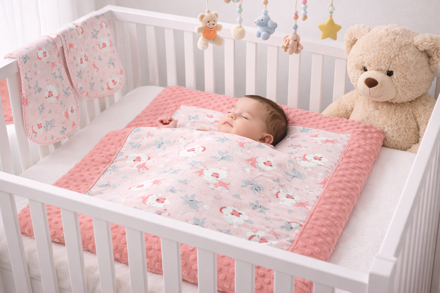 Baby Blanket Gift Set: Salmon Pink Minky-Dot & Flannel with 2 Burp Cloths