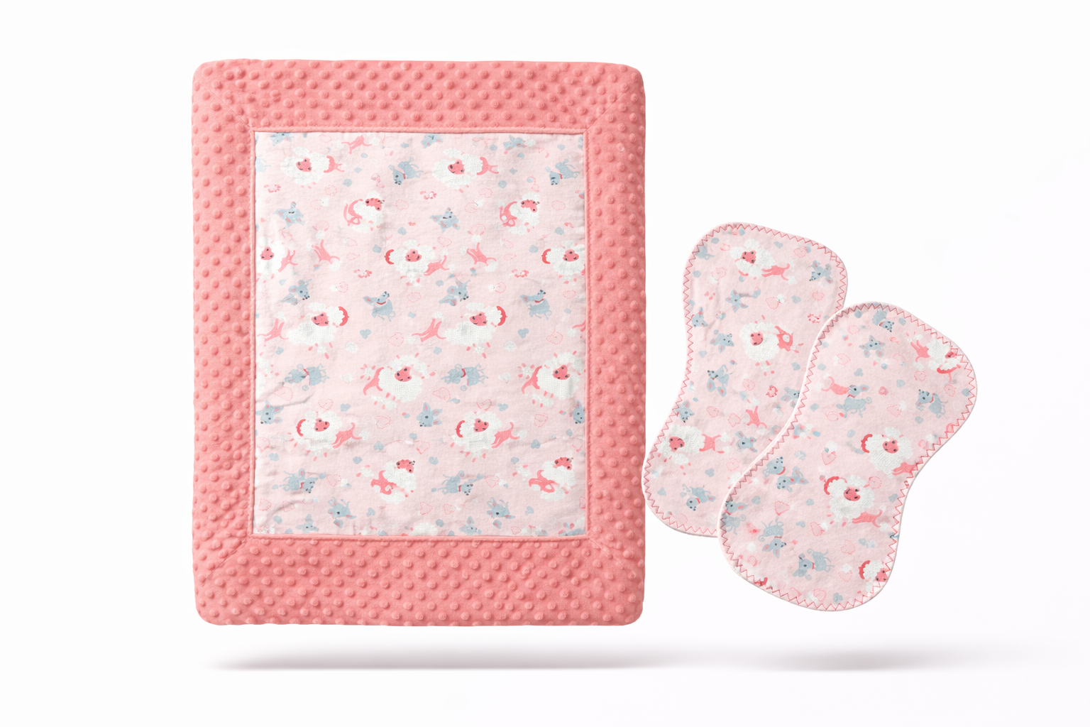 Baby Blanket Gift Set: Salmon Pink Minky-Dot & Flannel with 2 Burp Cloths