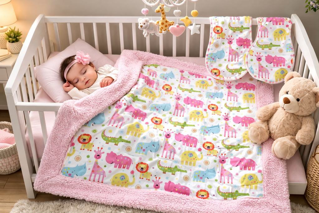 Baby Blanket Gift Set (0-24 months) : Pink Sherpa & Flannel with 2 Burp Cloths