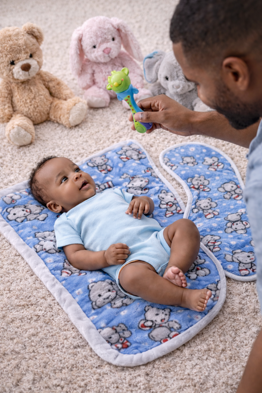 SET - Blue Teddy bear Baby Blanket and 2 Burpcloths: Flannel