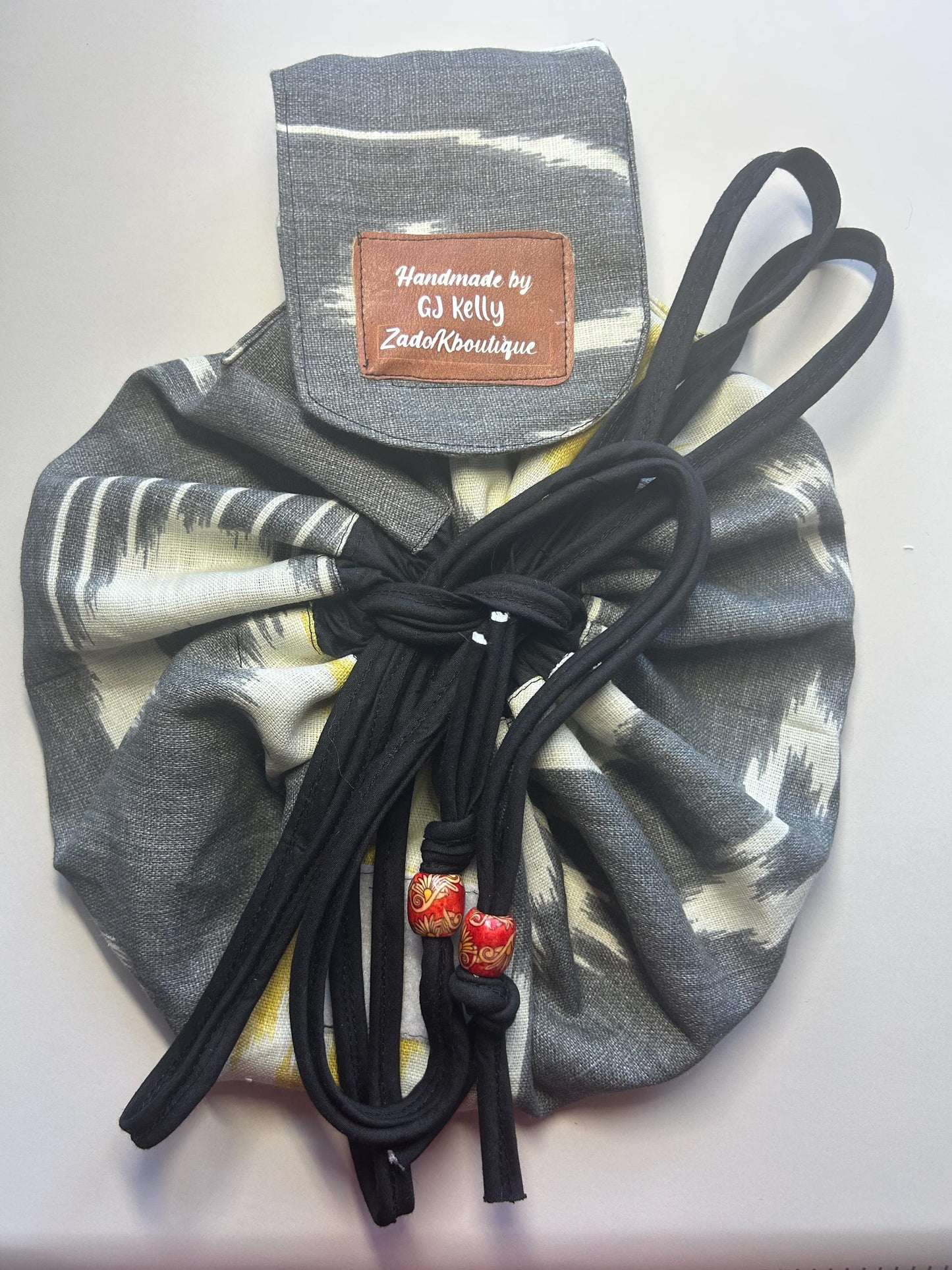 Handmade Drawstring Makeup Bag: Open-Flat Cosmetic Organizer - Gray/Yellow