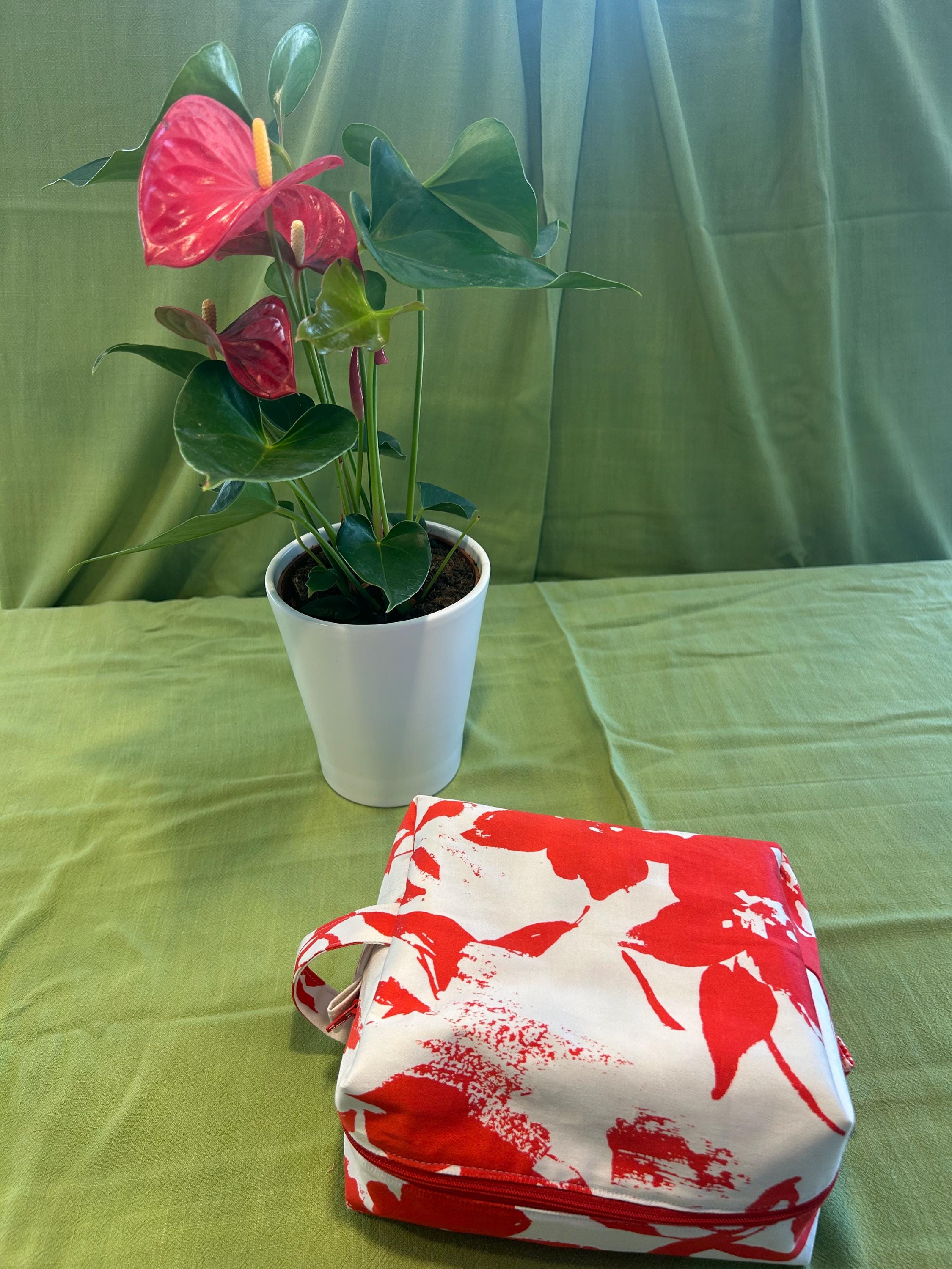 Handmade Red Floral Boxy Makeup Bag: Medium Zipper Pouch