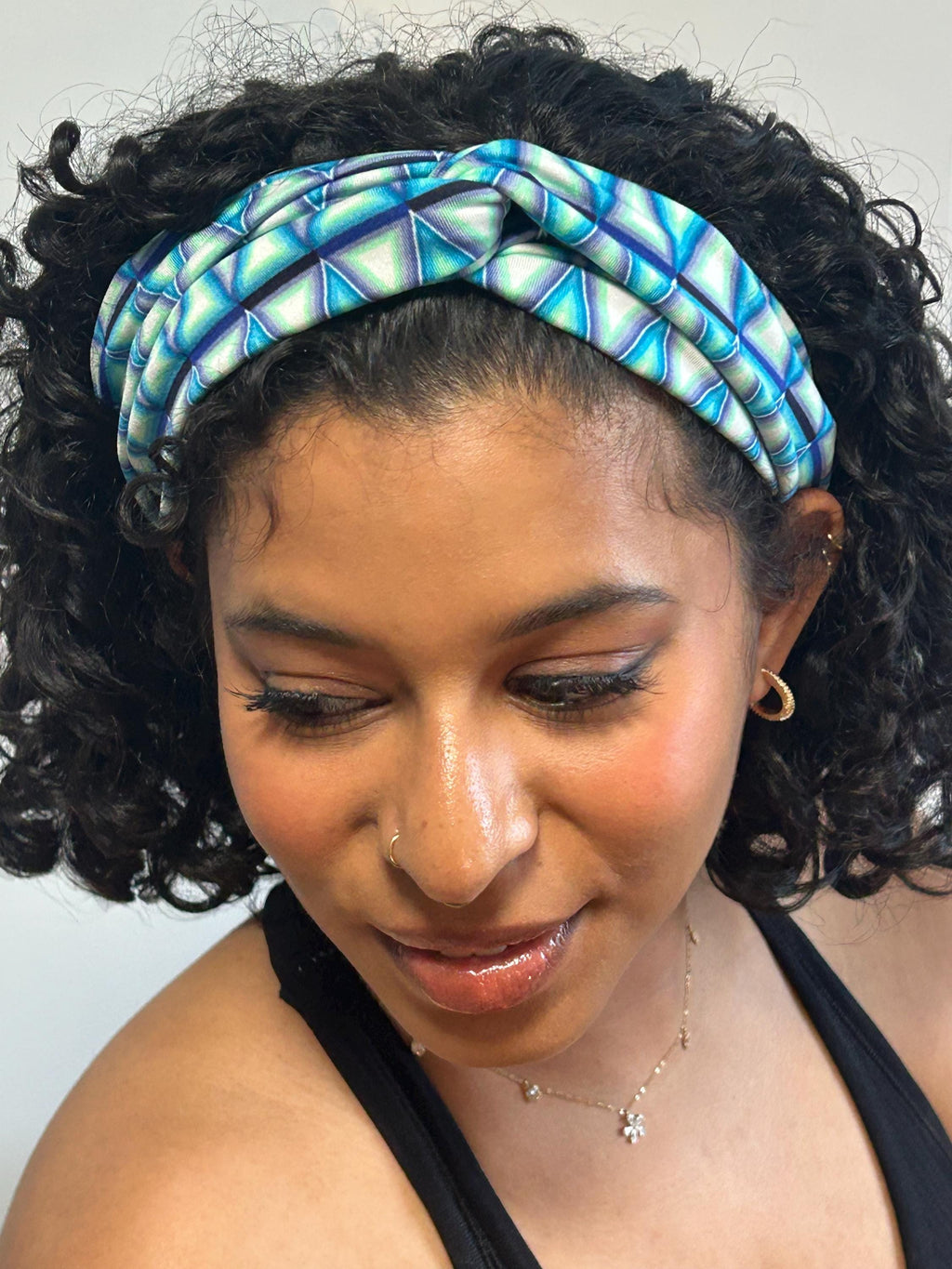 Knotted Turban Headband: Geometric Blue, Wide Twist - Active Wear