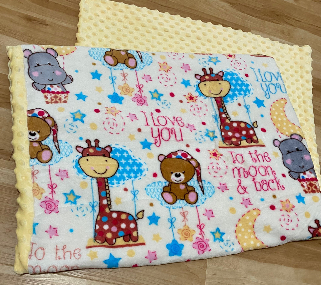 Baby Blanket - Fleece/Flannelette Self-Binding / Yellow  "I love you to the moon and back" | baby shower gift
