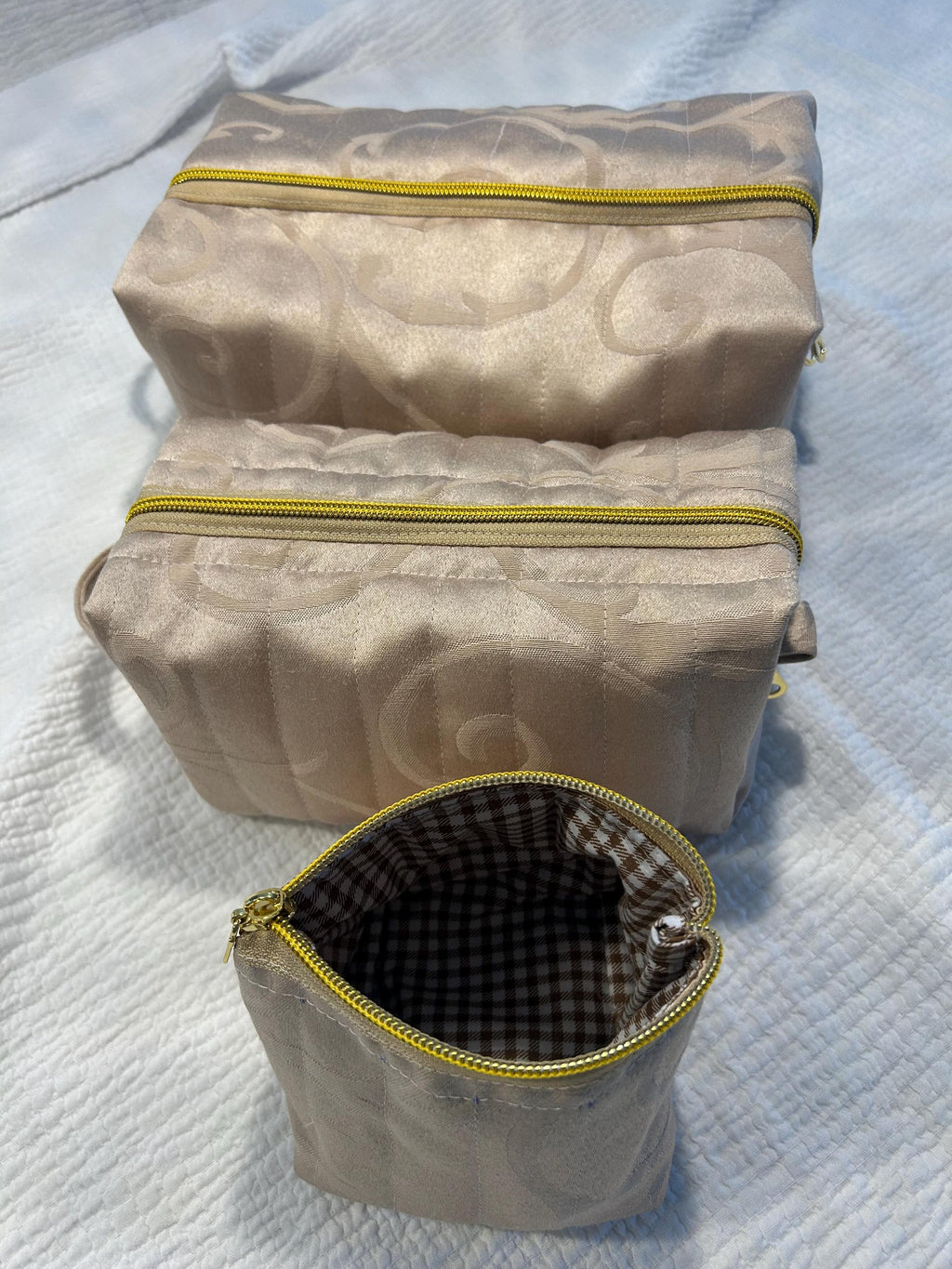 Quilted Makeup Bags: Beige & Gold Boxy Zipper Pouches - Set of 3 or individual